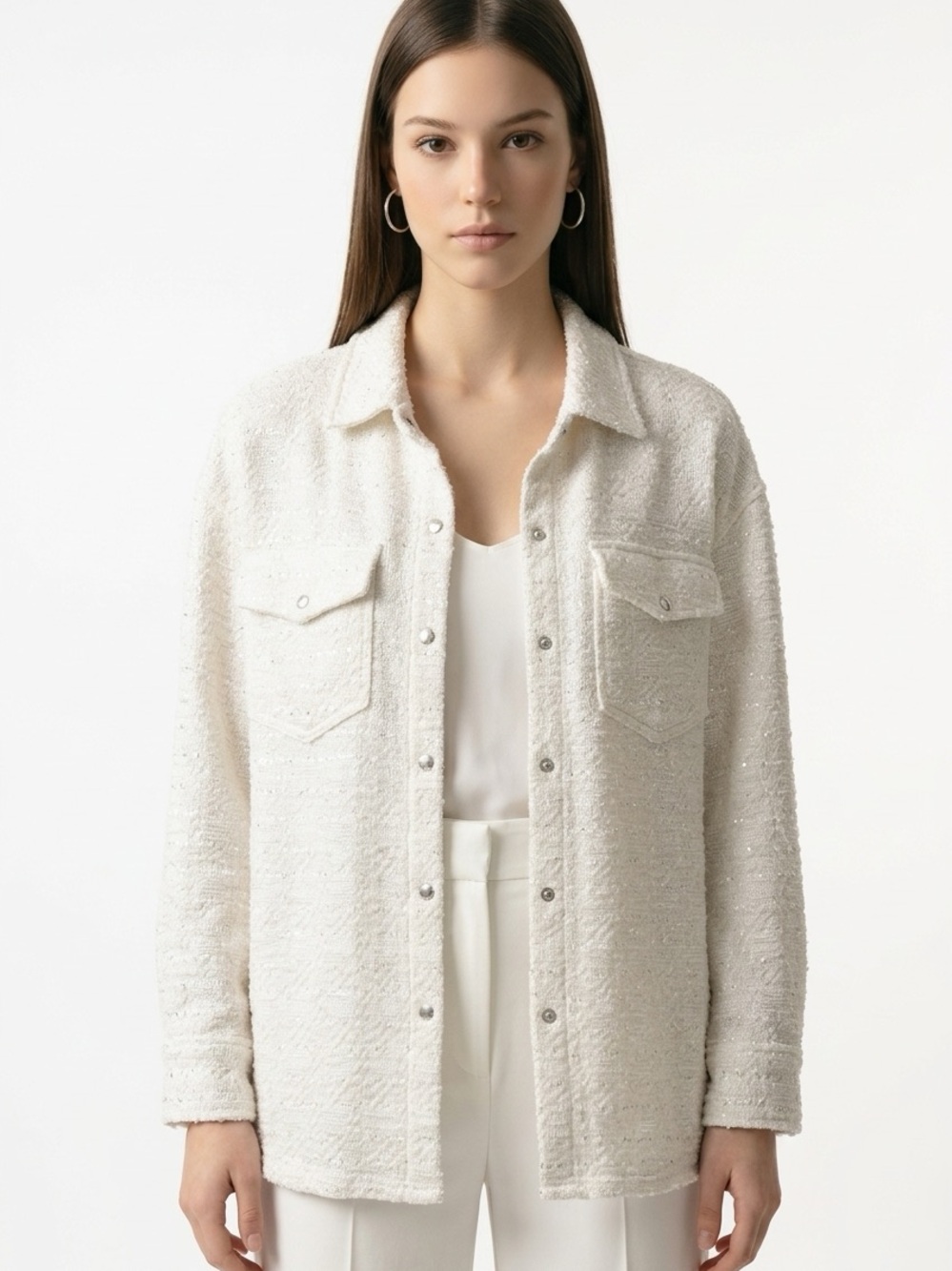 RACHEL ZOE | Ivory Metallic Tweed Shacket Shirt Jacket Women’s Size Small